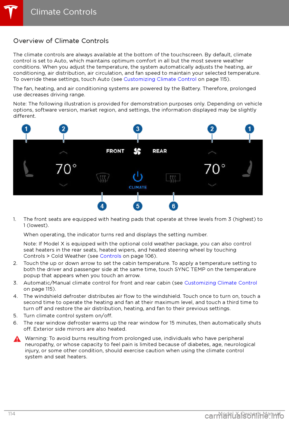 TESLA MODEL X 2017  Owners Manual  Overview of Climate Controls
The climate controls are always available at the bottom of the touchscreen. By default, climate control is set to Auto, which maintains optimum comfort in all but the most