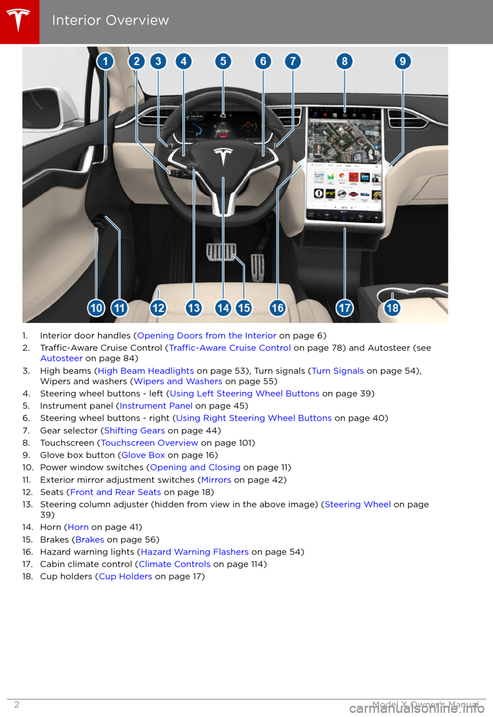 TESLA MODEL X 2017  Owners Manual  1. Interior door handles (Opening Doors from the Interior  on page 6)
2.Traffic-Aware Cruise Control (Traffic-Aware Cruise Control  on page 78) and Autosteer (see 
Autosteer  on page 84)
3. High beams