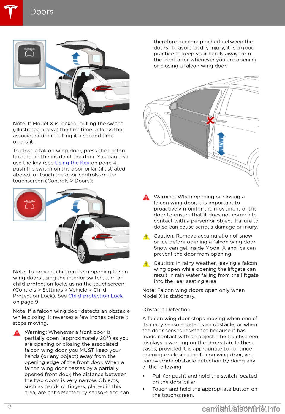 TESLA MODEL X 2017  Owners Manual  Note: If Model X is locked, pulling the switch(illustrated above) the first time unlocks the
associated door. Pulling it a second time
opens it.
To close a falcon wing door, press the button located o