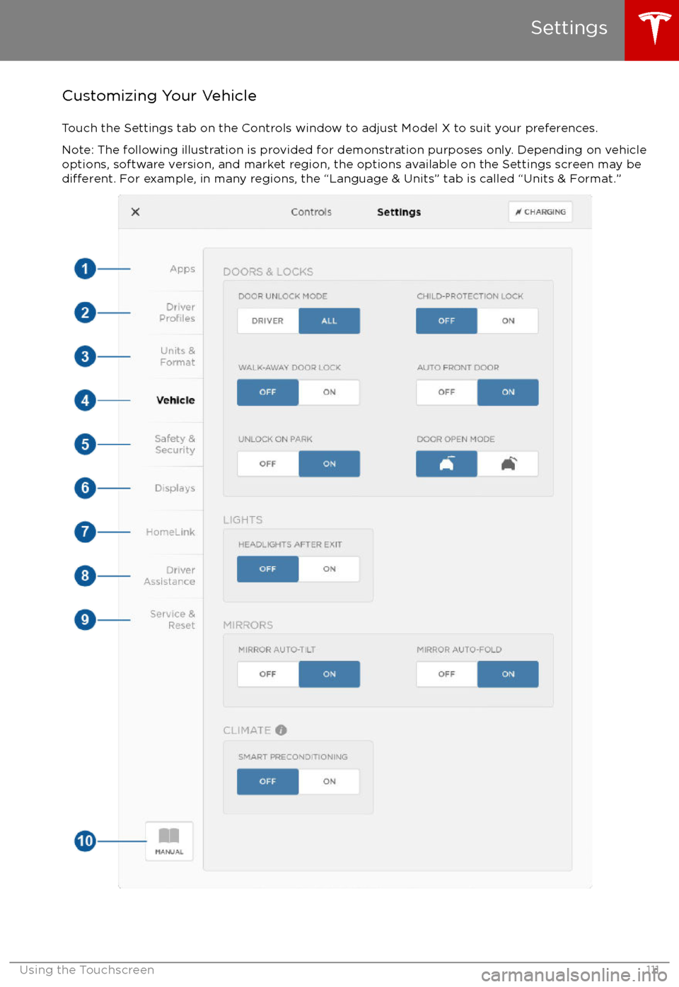 TESLA MODEL X 2017 Owners Manual (UK) Customizing Your VehicleTouch the Settings tab on the Controls window to adjust Model X to suit your preferences.Note: The following illustration is provided for demonstration purposes only. Depending TESLA MODEL X 2017 Owners Manual (UK) Customizing Your VehicleTouch the Settings tab on the Controls window to adjust Model X to suit your preferences.Note: The following illustration is provided for demonstration purposes only. Depending