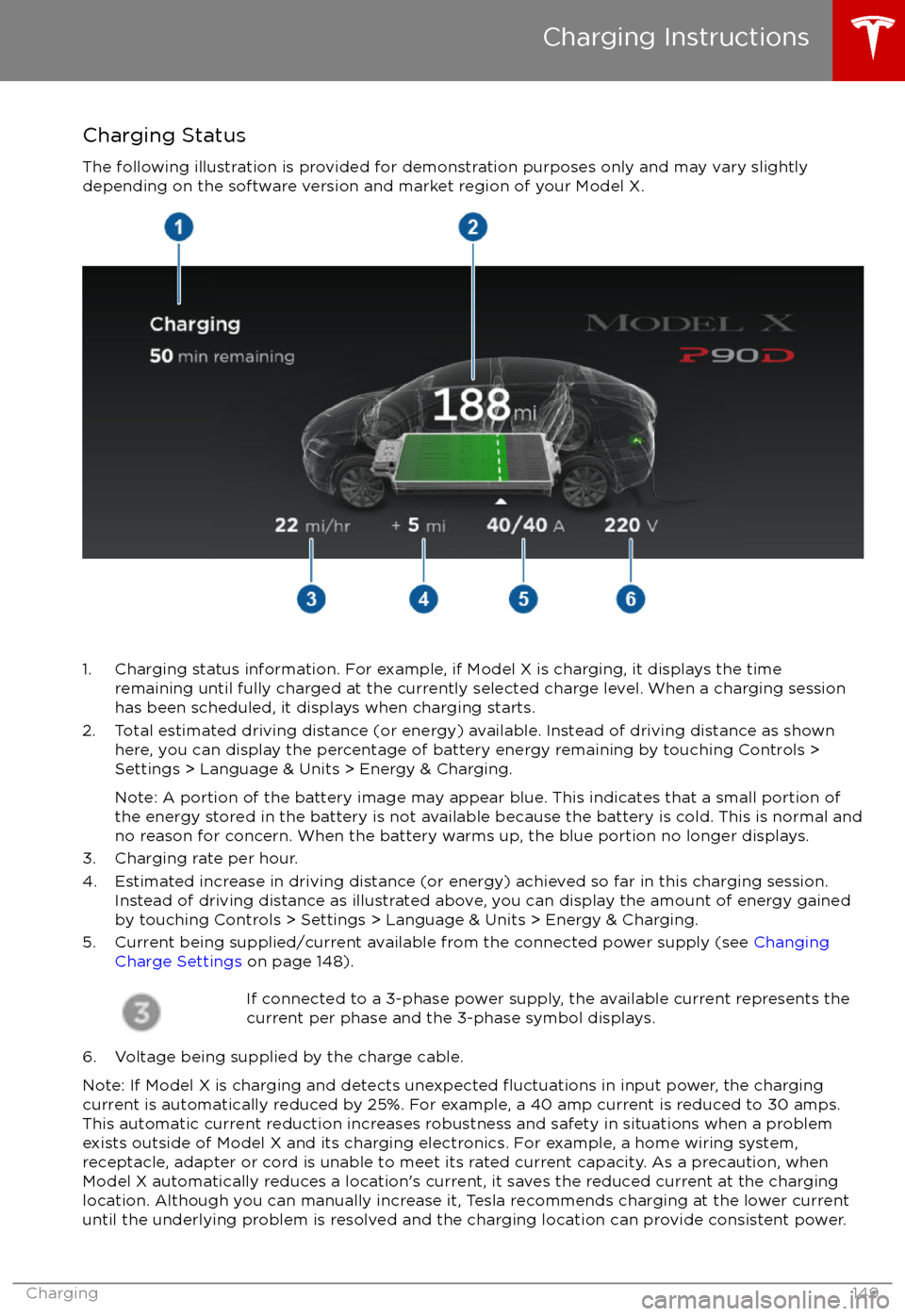 TESLA MODEL X 2017 Owners Manual (UK) Charging Status
The following illustration is provided for demonstration purposes only and may vary slightly
depending on the software version and market region of your Model X.
1. Charging status inf TESLA MODEL X 2017 Owners Manual (UK) Charging Status
The following illustration is provided for demonstration purposes only and may vary slightly
depending on the software version and market region of your Model X.
1. Charging status inf