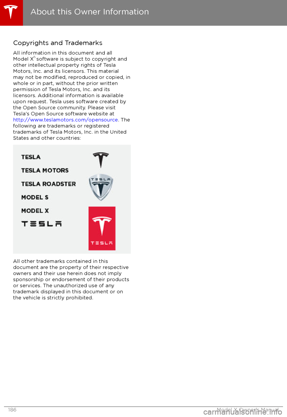 TESLA MODEL X 2017 Owners Manual (UK) Copyrights and TrademarksAll information in this document and all
Model X TESLA MODEL X 2017 Owners Manual (UK) Copyrights and TrademarksAll information in this document and all
Model X
