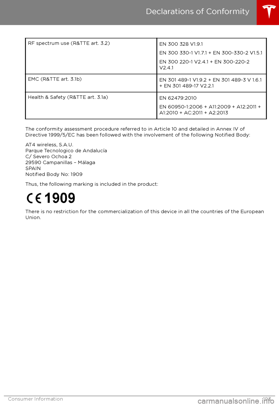TESLA MODEL X 2017  Owners Manual (UK) RF spectrum use (R&TTE art. 3.2)EN 300 328 V1.9.1
EN 300 330-1 V1.7.1 + EN 300-330-2 V1.5.1
EN 300 220-1 V2.4.1 + EN 300-220-2
V2.4.1EMC (R&TTE art. 3.1b)EN 301 489-1 V1.9.2 + EN 301 489-3 V 1.6.1
+ E