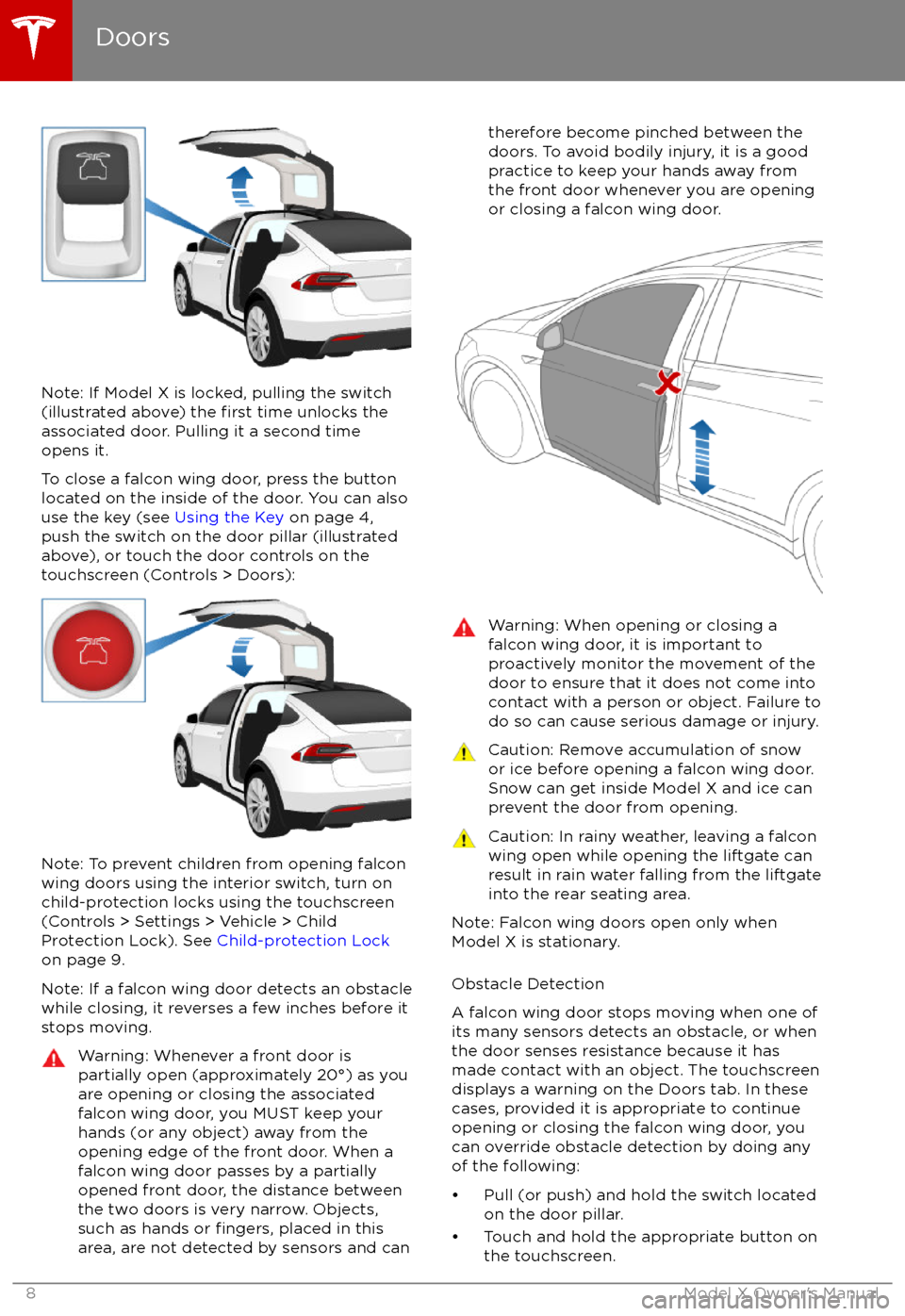 TESLA MODEL X 2017  Owners Manual (UK) Note: If Model X is locked, pulling the switch(illustrated above) the first time unlocks the
associated door. Pulling it a second time
opens it.
To close a falcon wing door, press the button located o