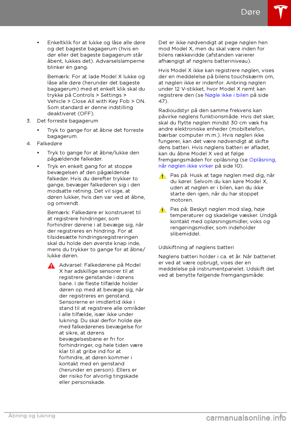 TESLA MODEL X 2017  Instruktionsbog (in Danish)  