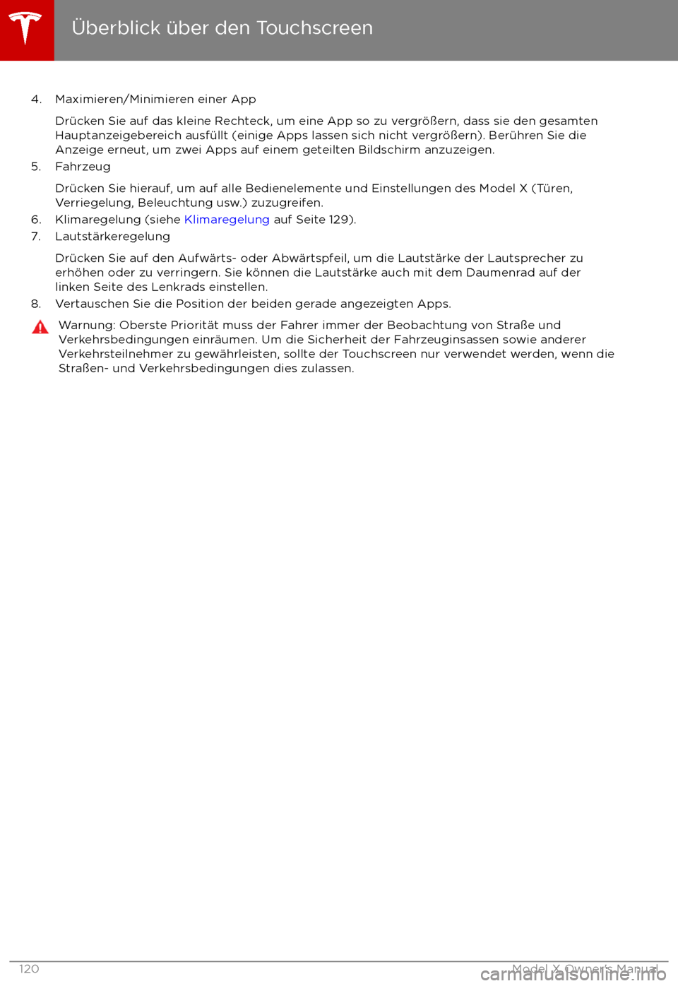 TESLA MODEL X 2017 Betriebsanleitung (in German) 4. Maximieren/Minimieren einer AppDr TESLA MODEL X 2017 Betriebsanleitung (in German) 4. Maximieren/Minimieren einer AppDr