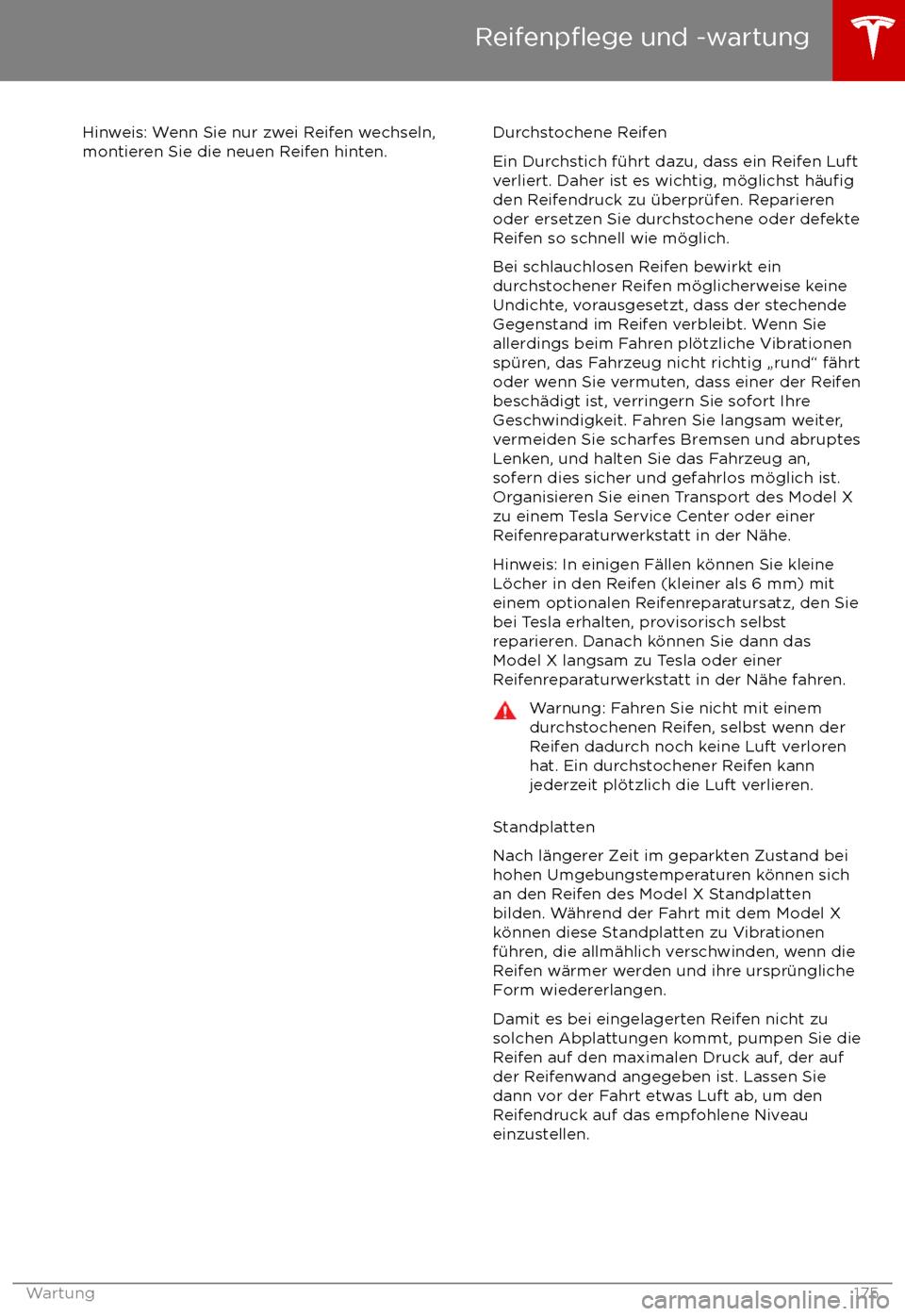 TESLA MODEL X 2017 Betriebsanleitung (in German) Hinweis: Wenn Sie nur zwei Reifen wechseln,
montieren Sie die neuen Reifen hinten.Durchstochene Reifen
Ein Durchstich f TESLA MODEL X 2017 Betriebsanleitung (in German) Hinweis: Wenn Sie nur zwei Reifen wechseln,
montieren Sie die neuen Reifen hinten.Durchstochene Reifen
Ein Durchstich f