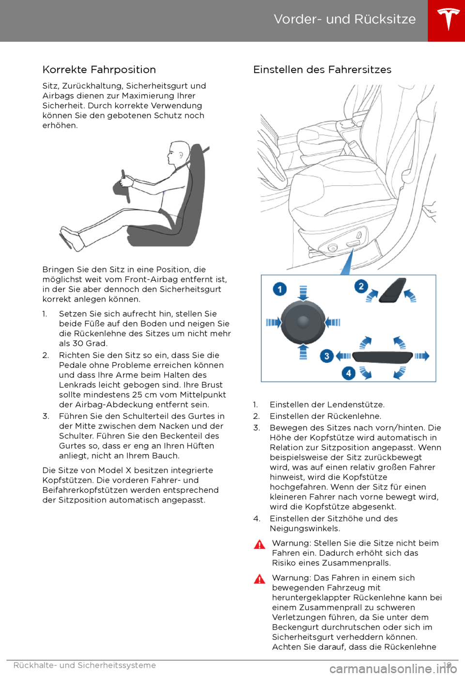 TESLA MODEL X 2017  Betriebsanleitung (in German) Korrekte Fahrposition
Sitz, Zur