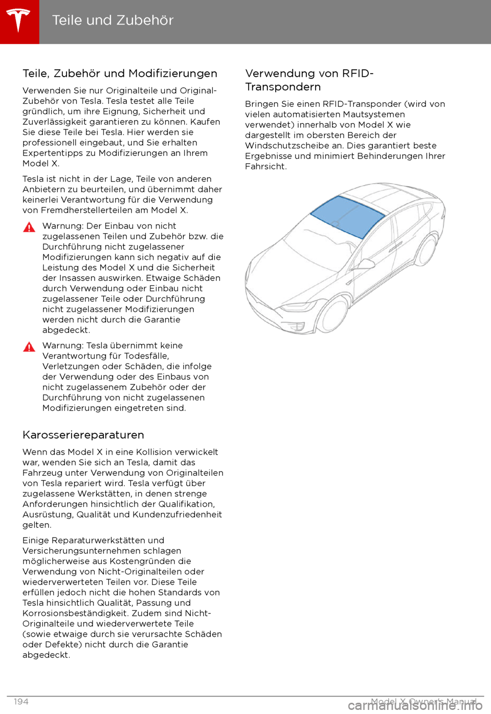 TESLA MODEL X 2017 Betriebsanleitung (in German) Teile, Zubeh TESLA MODEL X 2017 Betriebsanleitung (in German) Teile, Zubeh