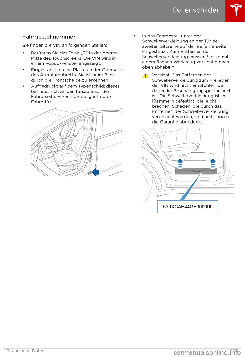 TESLA MODEL X 2017 Betriebsanleitung (in German) Fahrgestellnummer
Sie
finden die VIN an folgenden Stellen:
TESLA MODEL X 2017 Betriebsanleitung (in German) Fahrgestellnummer
Sie
finden die VIN an folgenden Stellen: