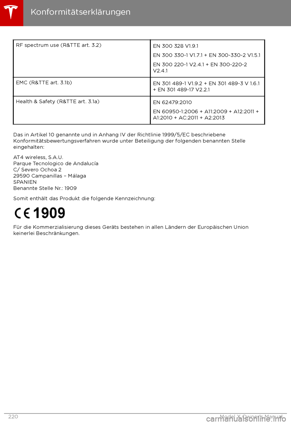 TESLA MODEL X 2017  Betriebsanleitung (in German) RF spectrum use (R&TTE art. 3.2)EN 300 328 V1.9.1
EN 300 330-1 V1.7.1 + EN 300-330-2 V1.5.1
EN 300 220-1 V2.4.1 + EN 300-220-2
V2.4.1EMC (R&TTE art. 3.1b)EN 301 489-1 V1.9.2 + EN 301 489-3 V 1.6.1
+ E