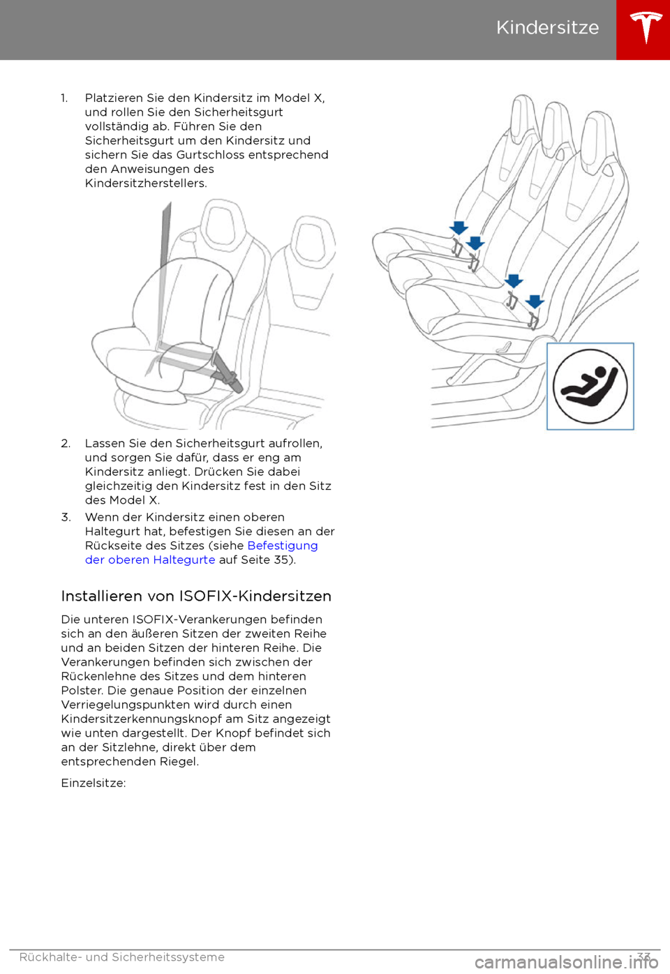 TESLA MODEL X 2017  Betriebsanleitung (in German) 1. Platzieren Sie den Kindersitz im Model X,und rollen Sie den Sicherheitsgurt
vollst