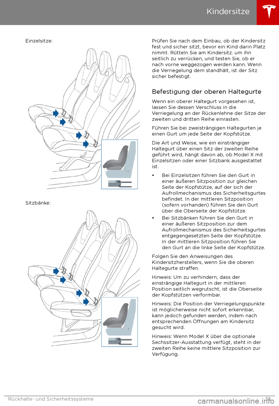 TESLA MODEL X 2017  Betriebsanleitung (in German) Einzelsitze:
Sitzb