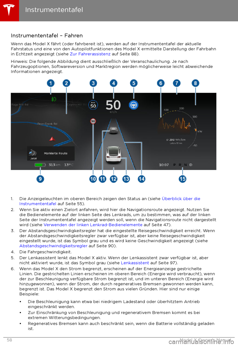 TESLA MODEL X 2017 Betriebsanleitung (in German) Instrumententafel TESLA MODEL X 2017 Betriebsanleitung (in German) Instrumententafel