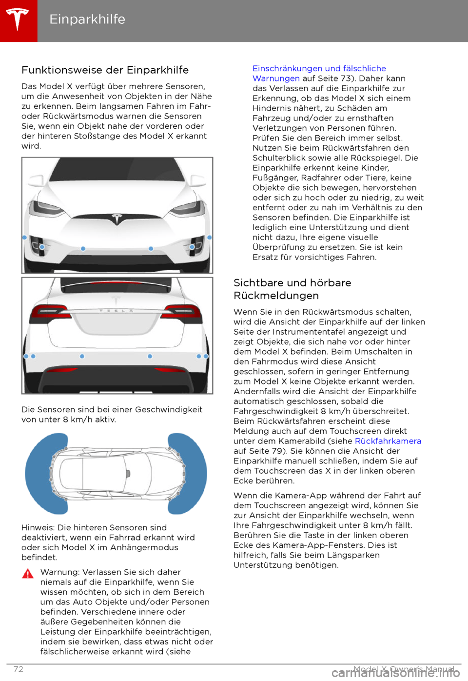 TESLA MODEL X 2017 Betriebsanleitung (in German) Funktionsweise der EinparkhilfeDas Model X verf TESLA MODEL X 2017 Betriebsanleitung (in German) Funktionsweise der EinparkhilfeDas Model X verf