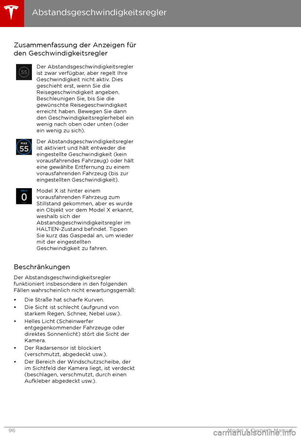 TESLA MODEL X 2017 Betriebsanleitung (in German) Zusammenfassung der Anzeigen f TESLA MODEL X 2017 Betriebsanleitung (in German) Zusammenfassung der Anzeigen f