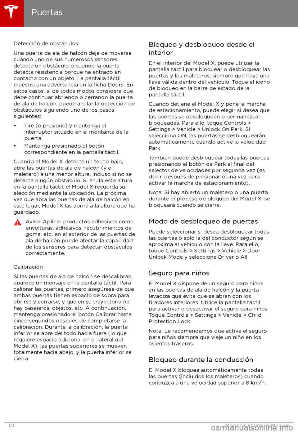 TESLA MODEL X 2017  Manual del propietario (in Spanish) Detecci