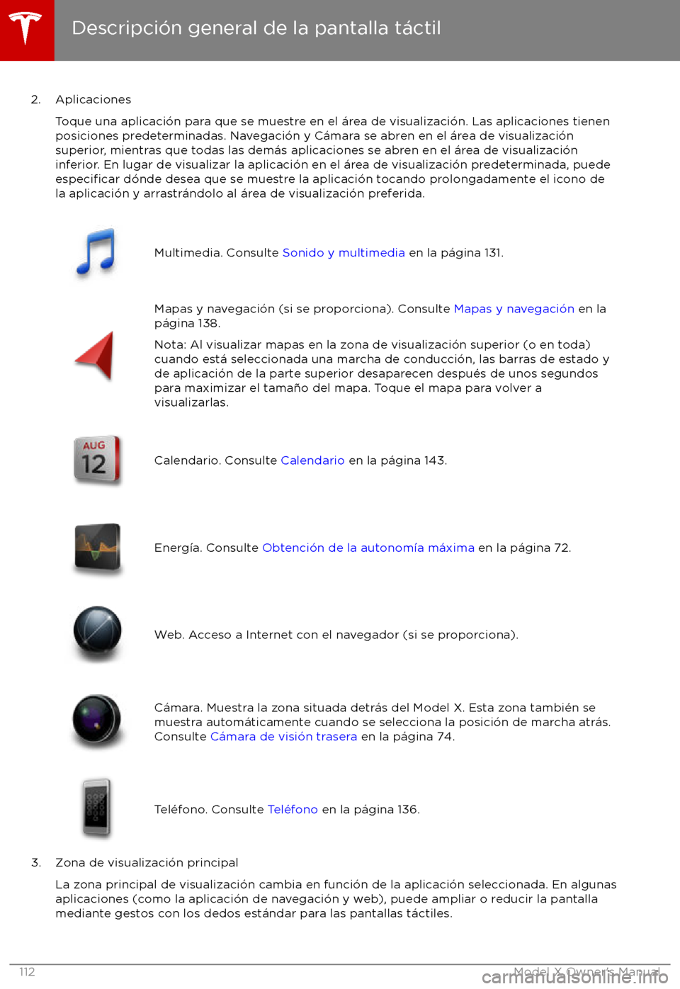 TESLA MODEL X 2017 Manual del propietario (in Spanish) 2. AplicacionesToque una aplicaci TESLA MODEL X 2017 Manual del propietario (in Spanish) 2. AplicacionesToque una aplicaci