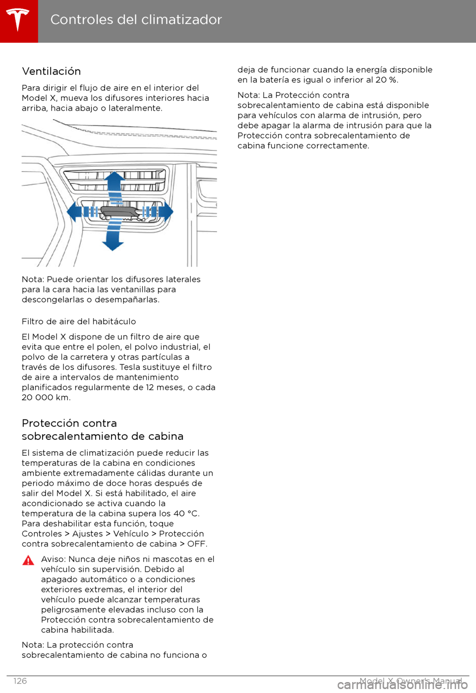 TESLA MODEL X 2017  Manual del propietario (in Spanish) Ventilaci