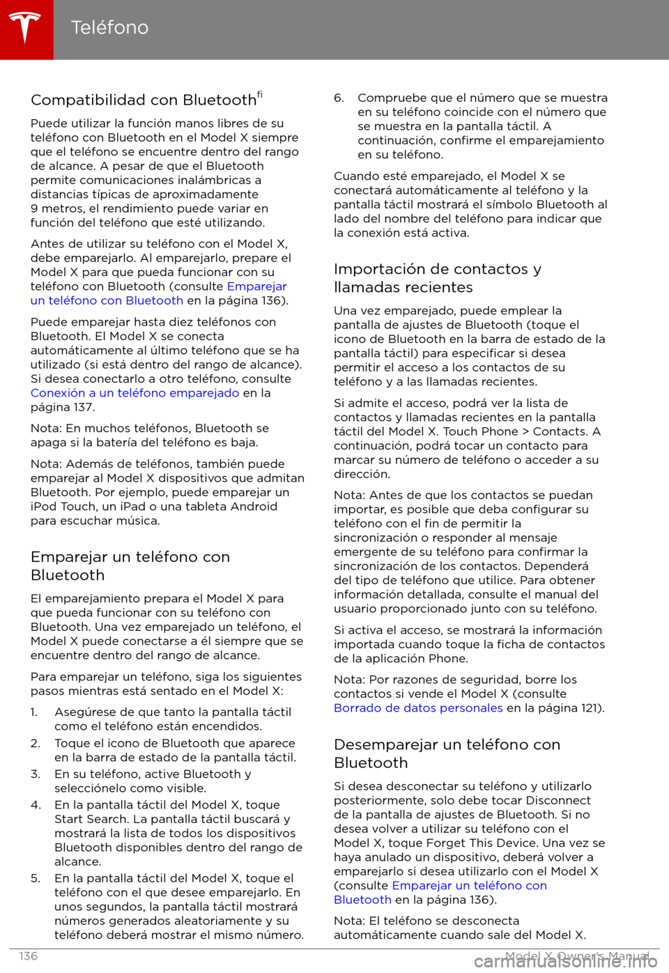 TESLA MODEL X 2017  Manual del propietario (in Spanish) Compatibilidad con Bluetooth