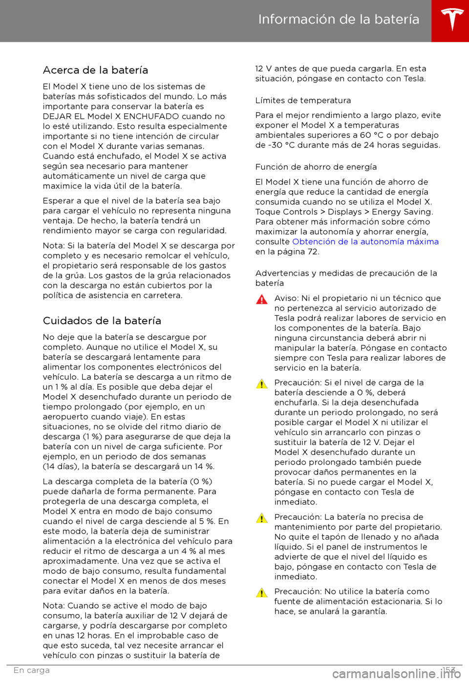 TESLA MODEL X 2017 Manual del propietario (in Spanish) Acerca de la bater TESLA MODEL X 2017 Manual del propietario (in Spanish) Acerca de la bater