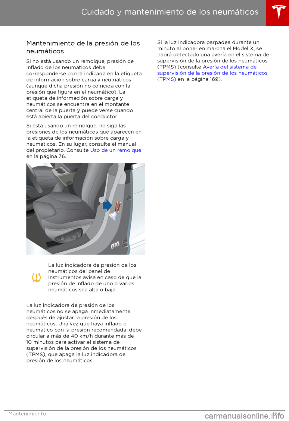 TESLA MODEL X 2017 Manual del propietario (in Spanish) Mantenimiento de la presi TESLA MODEL X 2017 Manual del propietario (in Spanish) Mantenimiento de la presi