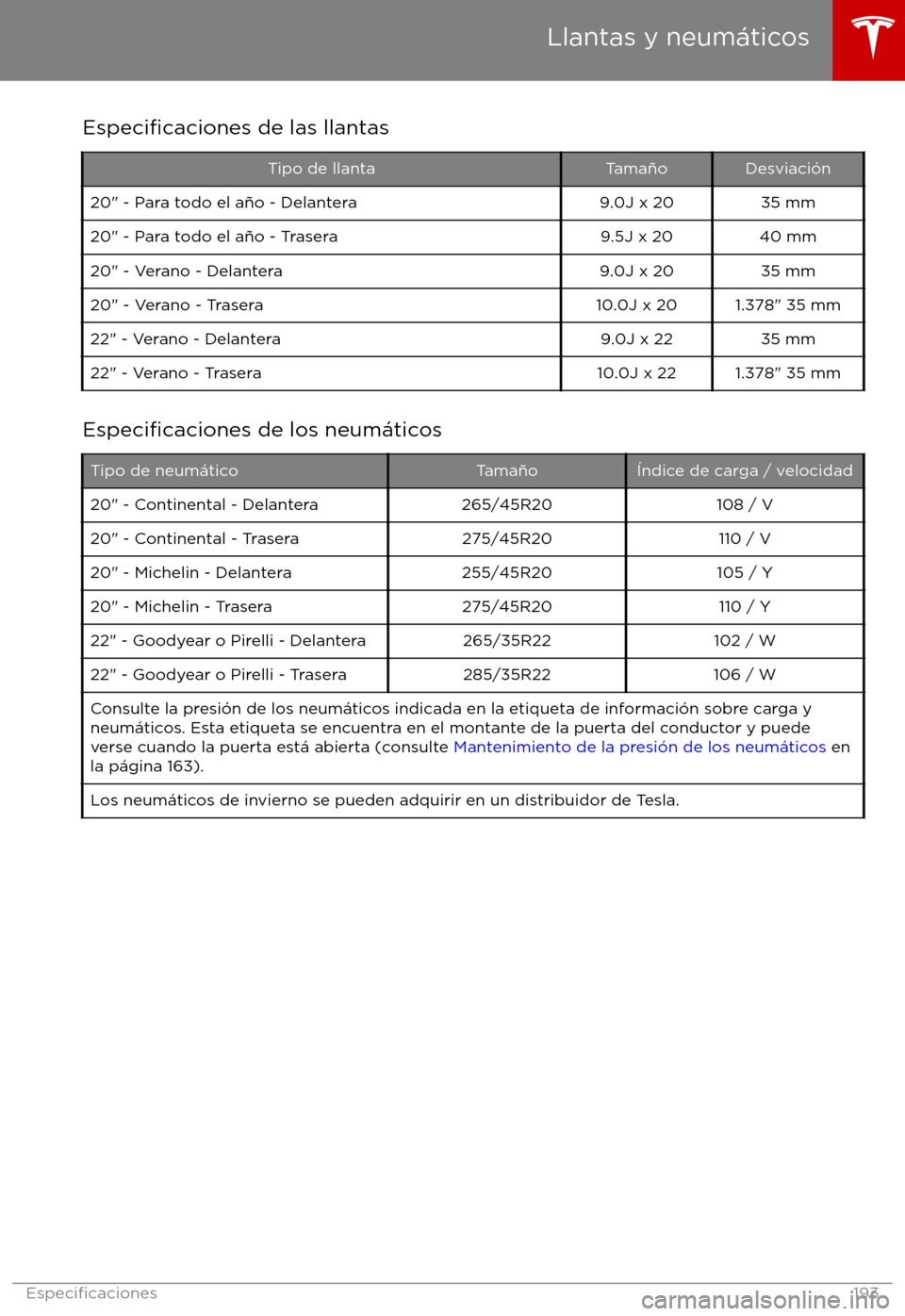 TESLA MODEL X 2017 Manual del propietario (in Spanish) Especificaciones de las llantasTipo de llantaTama TESLA MODEL X 2017 Manual del propietario (in Spanish) Especificaciones de las llantasTipo de llantaTama