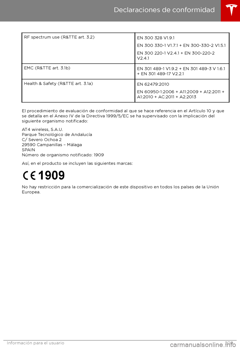 TESLA MODEL X 2017 Manual del propietario (in Spanish) RF spectrum use (R&TTE art. 3.2)EN 300 328 V1.9.1
EN 300 330-1 V1.7.1 + EN 300-330-2 V1.5.1
EN 300 220-1 V2.4.1 + EN 300-220-2
V2.4.1EMC (R&TTE art. 3.1b)EN 301 489-1 V1.9.2 + EN 301 489-3 V 1.6.1
+ E TESLA MODEL X 2017 Manual del propietario (in Spanish) RF spectrum use (R&TTE art. 3.2)EN 300 328 V1.9.1
EN 300 330-1 V1.7.1 + EN 300-330-2 V1.5.1
EN 300 220-1 V2.4.1 + EN 300-220-2
V2.4.1EMC (R&TTE art. 3.1b)EN 301 489-1 V1.9.2 + EN 301 489-3 V 1.6.1
+ E
