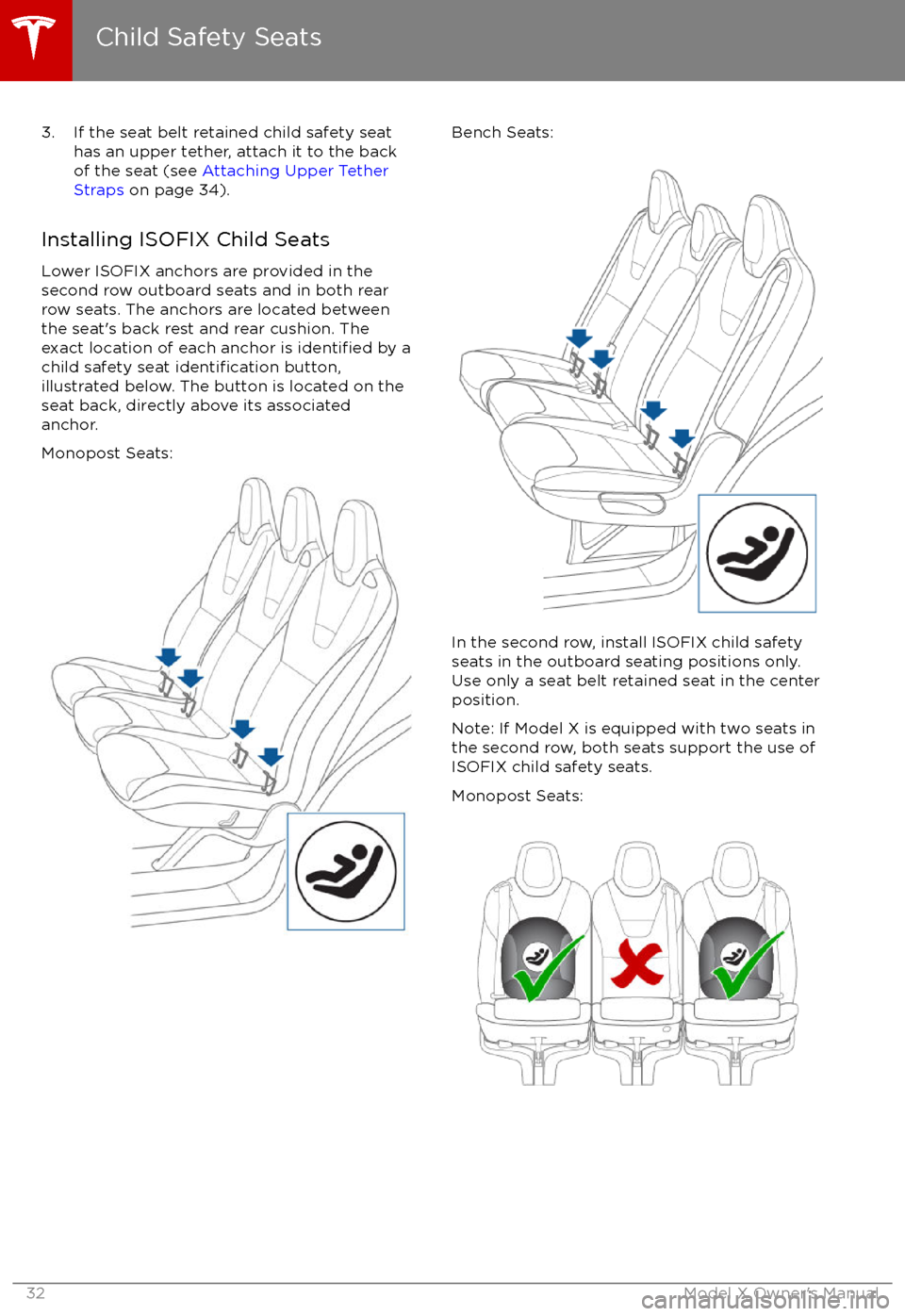 TESLA MODEL X 2017  Manual del propietario (in Spanish) 3. If the seat belt retained child safety seathas an upper tether, attach it to the back
of the seat (see  Attaching Upper Tether
Straps  on page 34).
Installing ISOFIX Child Seats
Lower ISOFIX anchor