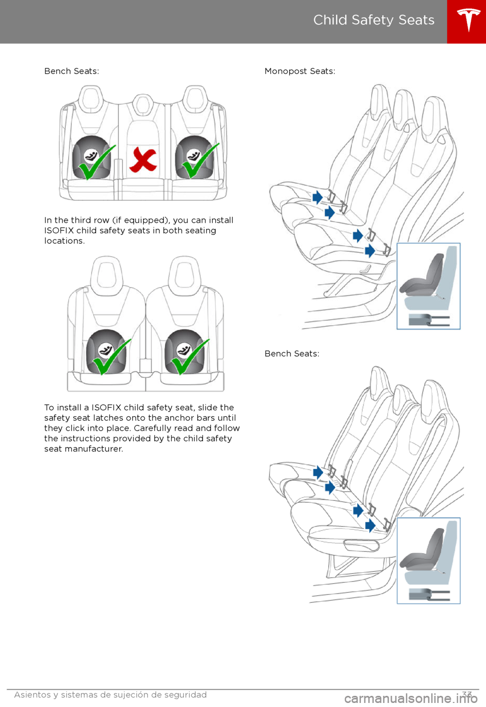 TESLA MODEL X 2017  Manual del propietario (in Spanish) Bench Seats:
In the third row (if equipped), you can install
ISOFIX child safety seats in both seating
locations.
To install a ISOFIX child safety seat, slide the
safety seat latches onto the anchor b