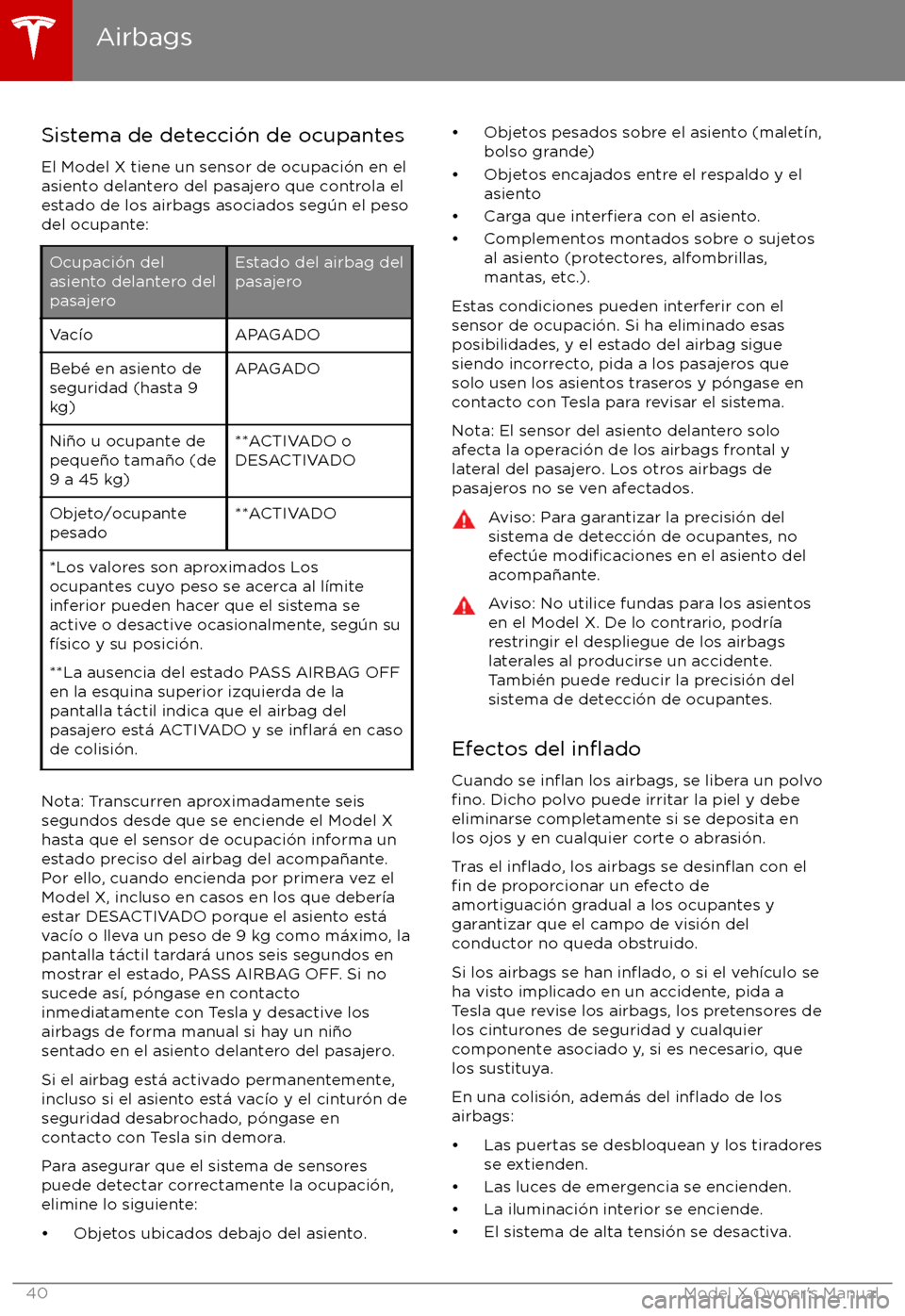 TESLA MODEL X 2017  Manual del propietario (in Spanish) Sistema de detecci