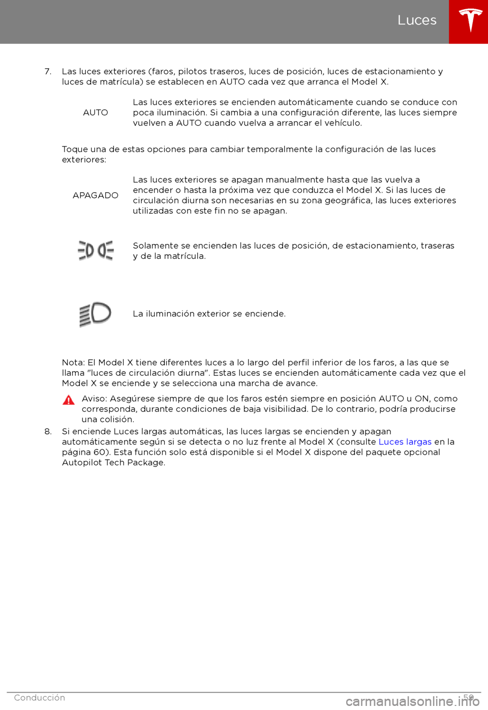 TESLA MODEL X 2017  Manual del propietario (in Spanish) 7. Las luces exteriores (faros, pilotos traseros, luces de posici