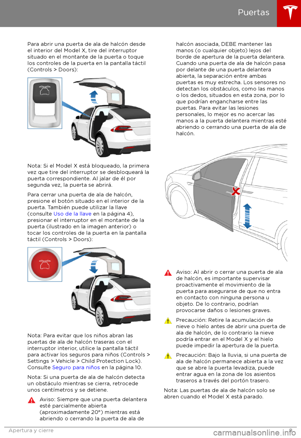 TESLA MODEL X 2017 Manual del propietario (in Spanish) Para abrir una puerta de ala de halc TESLA MODEL X 2017 Manual del propietario (in Spanish) Para abrir una puerta de ala de halc