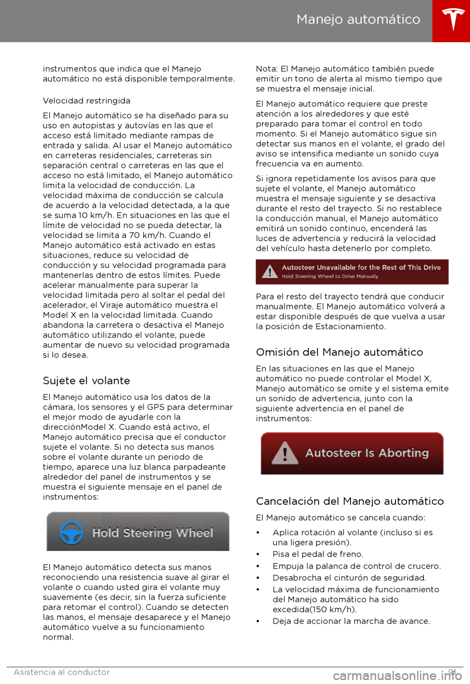 TESLA MODEL X 2017 Manual del propietario (in Spanish) instrumentos que indica que el Manejoautom TESLA MODEL X 2017 Manual del propietario (in Spanish) instrumentos que indica que el Manejoautom