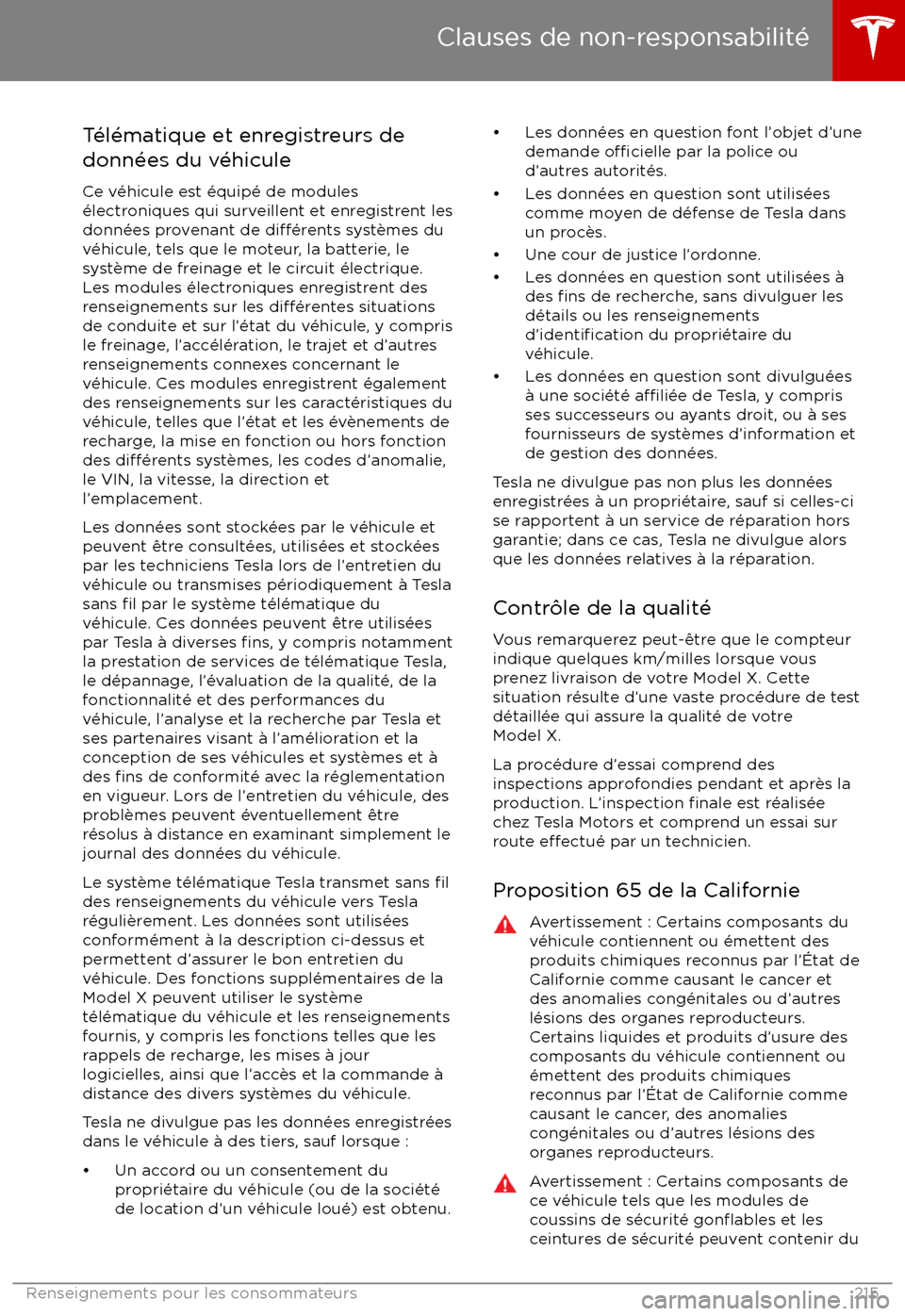 TESLA MODEL X 2017 Manuel du propriétaire (Canada) (in French) T TESLA MODEL X 2017 Manuel du propriétaire (Canada) (in French) T