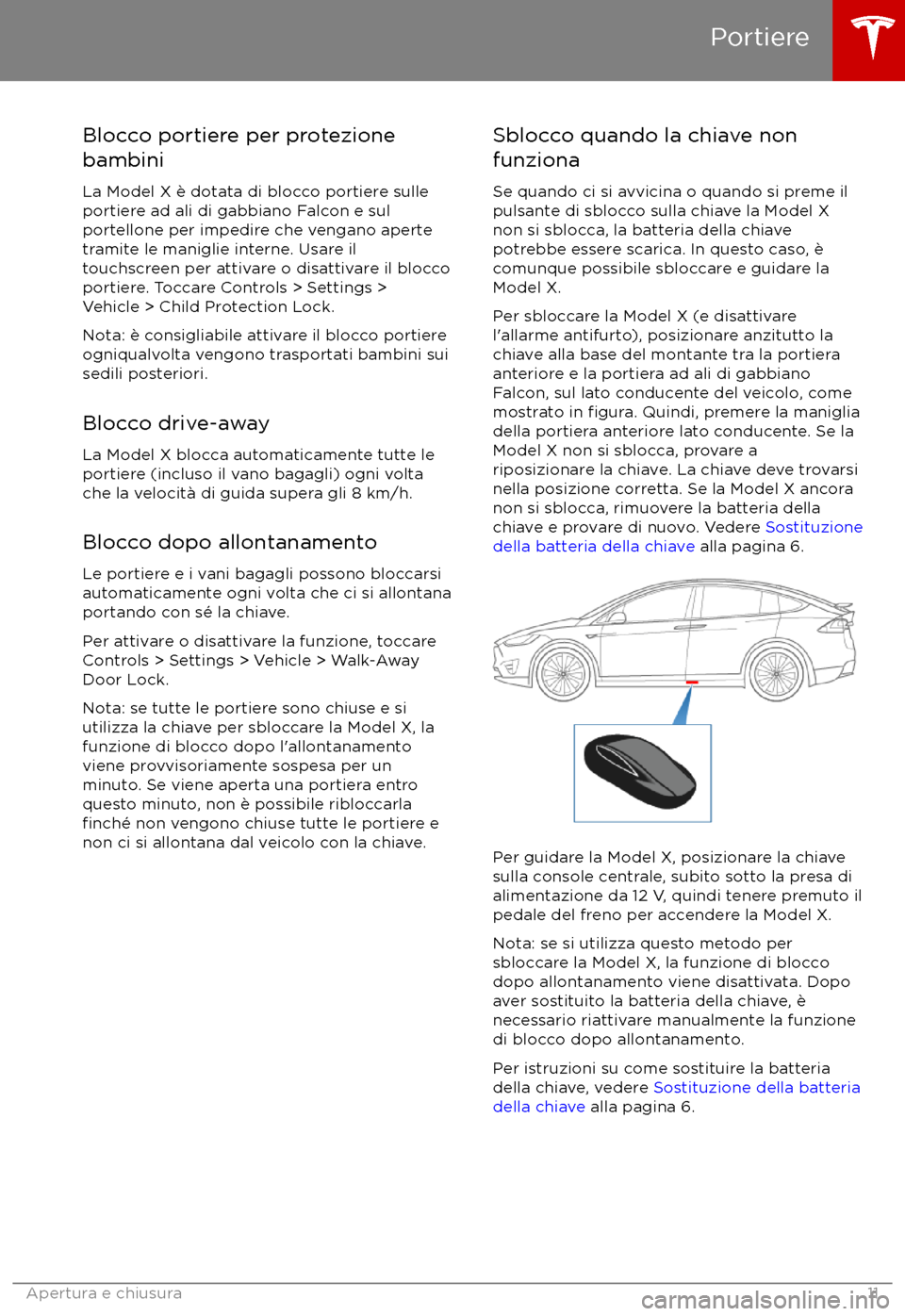 TESLA MODEL X 2017 Manuale del proprietario (in Italian) Blocco portiere per protezione
bambini
La Model X è dotata di blocco portiere sulle
portiere ad ali di gabbiano Falcon e sul
portellone per impedire che vengano aperte
tramite le maniglie interne. Us TESLA MODEL X 2017 Manuale del proprietario (in Italian) Blocco portiere per protezione
bambini
La Model X è dotata di blocco portiere sulle
portiere ad ali di gabbiano Falcon e sul
portellone per impedire che vengano aperte
tramite le maniglie interne. Us