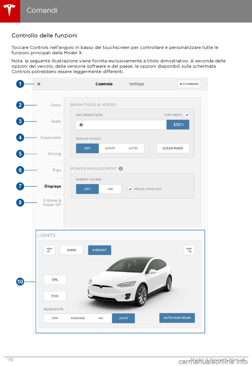 TESLA MODEL X 2017 Manuale del proprietario (in Italian) Controllo delle funzioniToccare Controls nell TESLA MODEL X 2017 Manuale del proprietario (in Italian) Controllo delle funzioniToccare Controls nell