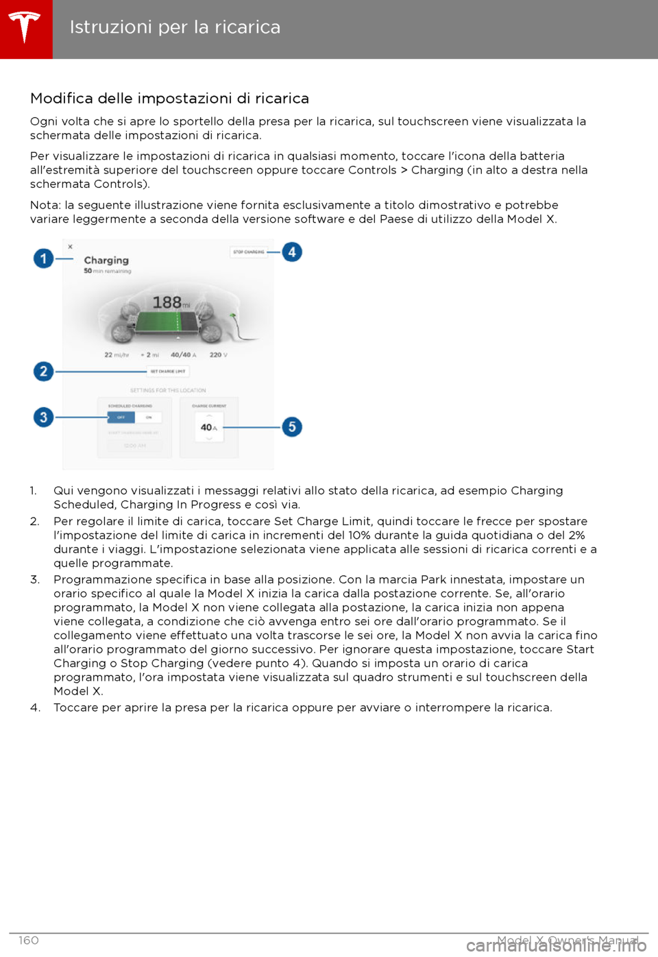 TESLA MODEL X 2017  Manuale del proprietario (in Italian) Modifica delle impostazioni di ricarica
Ogni volta che si apre lo sportello della presa per la ricarica, sul touchscreen viene visualizzata la schermata delle impostazioni di ricarica.
Per visualizzar