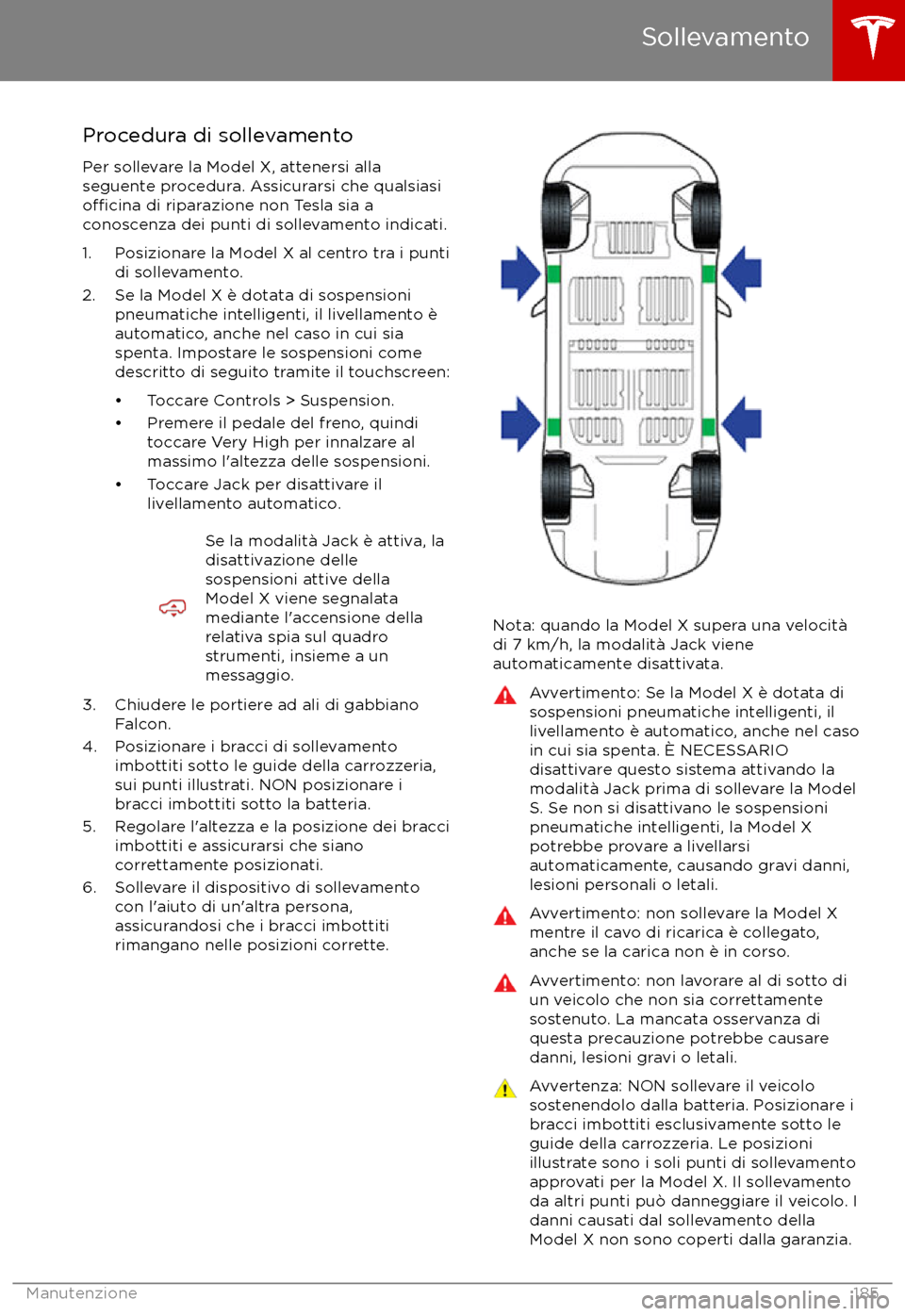 TESLA MODEL X 2017  Manuale del proprietario (in Italian) Procedura di sollevamento
Per sollevare la Model X, attenersi alla seguente procedura. Assicurarsi che qualsiasi
o