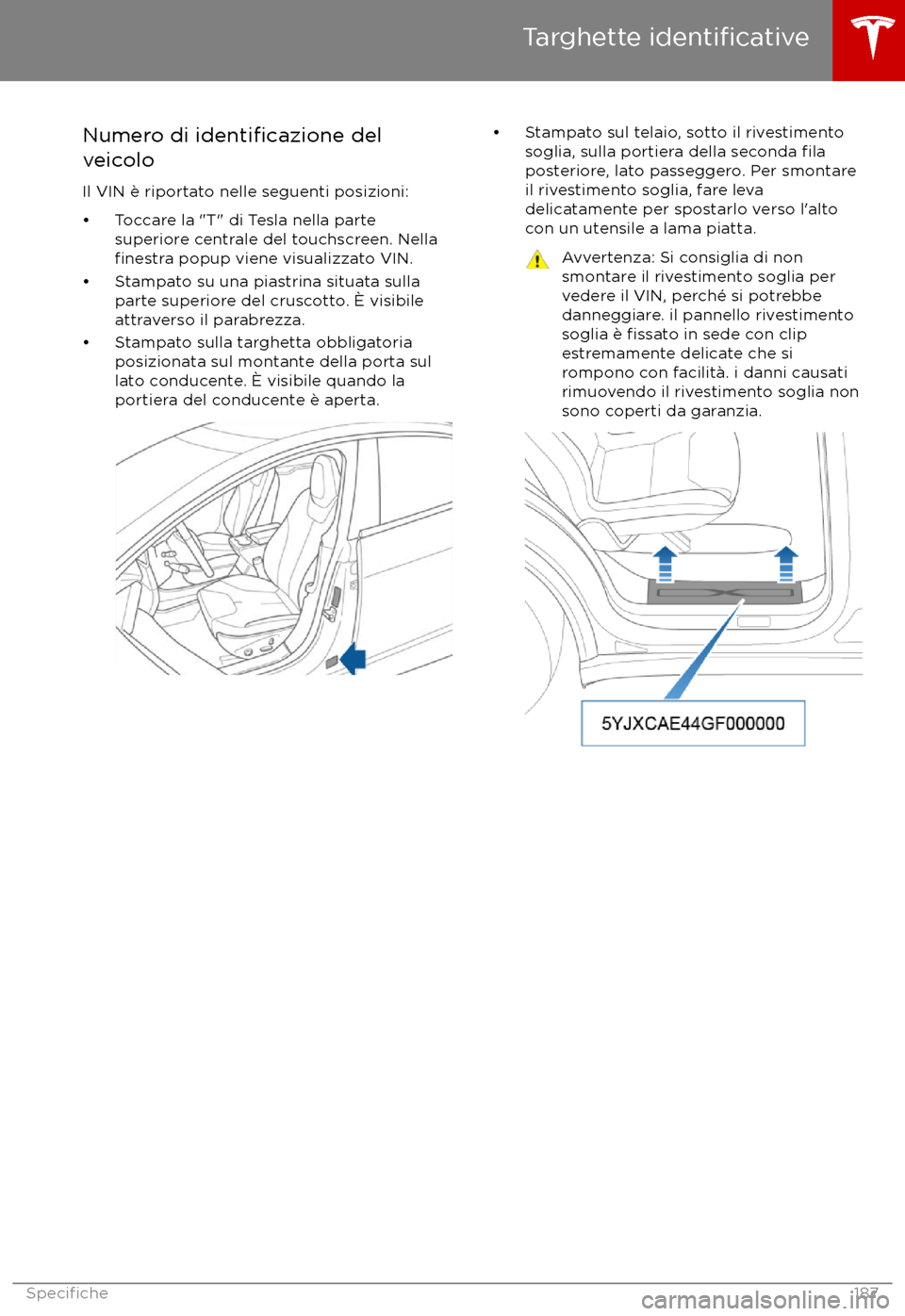TESLA MODEL X 2017  Manuale del proprietario (in Italian) Numero di identificazione del
veicolo
Il VIN è riportato nelle seguenti posizioni: 