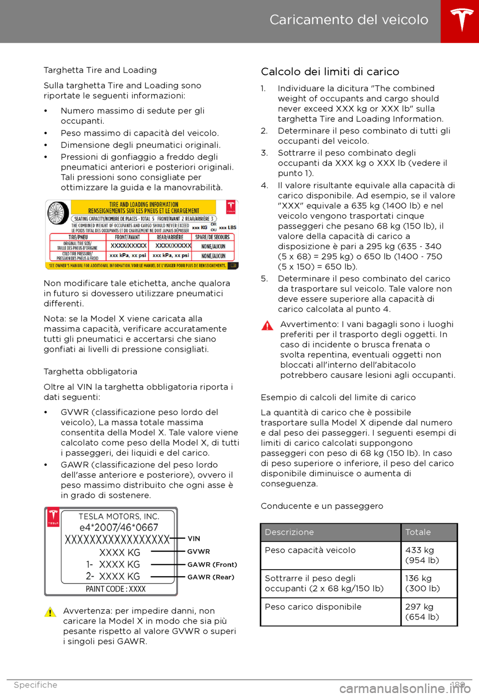 TESLA MODEL X 2017  Manuale del proprietario (in Italian) Targhetta Tire and Loading
Sulla targhetta Tire and Loading sono
riportate le seguenti informazioni:
