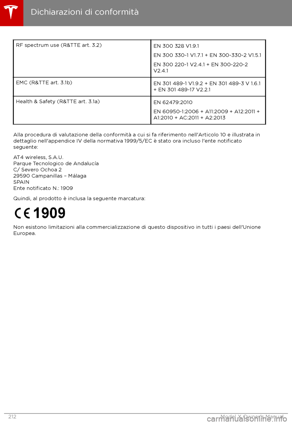 TESLA MODEL X 2017  Manuale del proprietario (in Italian) RF spectrum use (R&TTE art. 3.2)EN 300 328 V1.9.1
EN 300 330-1 V1.7.1 + EN 300-330-2 V1.5.1
EN 300 220-1 V2.4.1 + EN 300-220-2
V2.4.1EMC (R&TTE art. 3.1b)EN 301 489-1 V1.9.2 + EN 301 489-3 V 1.6.1
+ E
