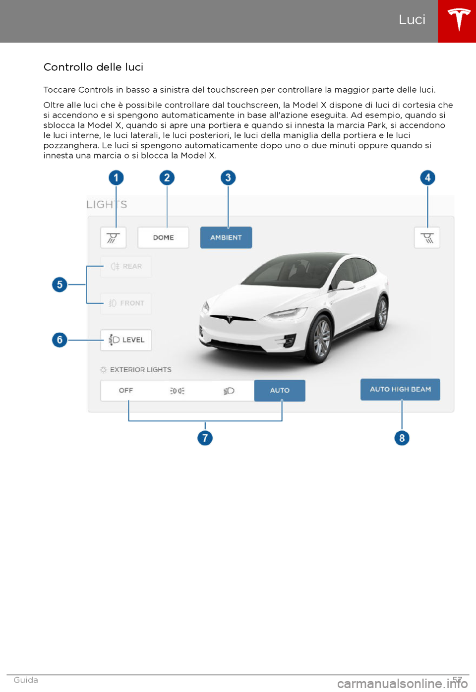 TESLA MODEL X 2017  Manuale del proprietario (in Italian) Controllo delle luci
Toccare Controls in basso a sinistra del touchscreen per controllare la maggior parte delle luci.
Oltre alle luci che è possibile controllare dal touchscreen, la Model X dispone 