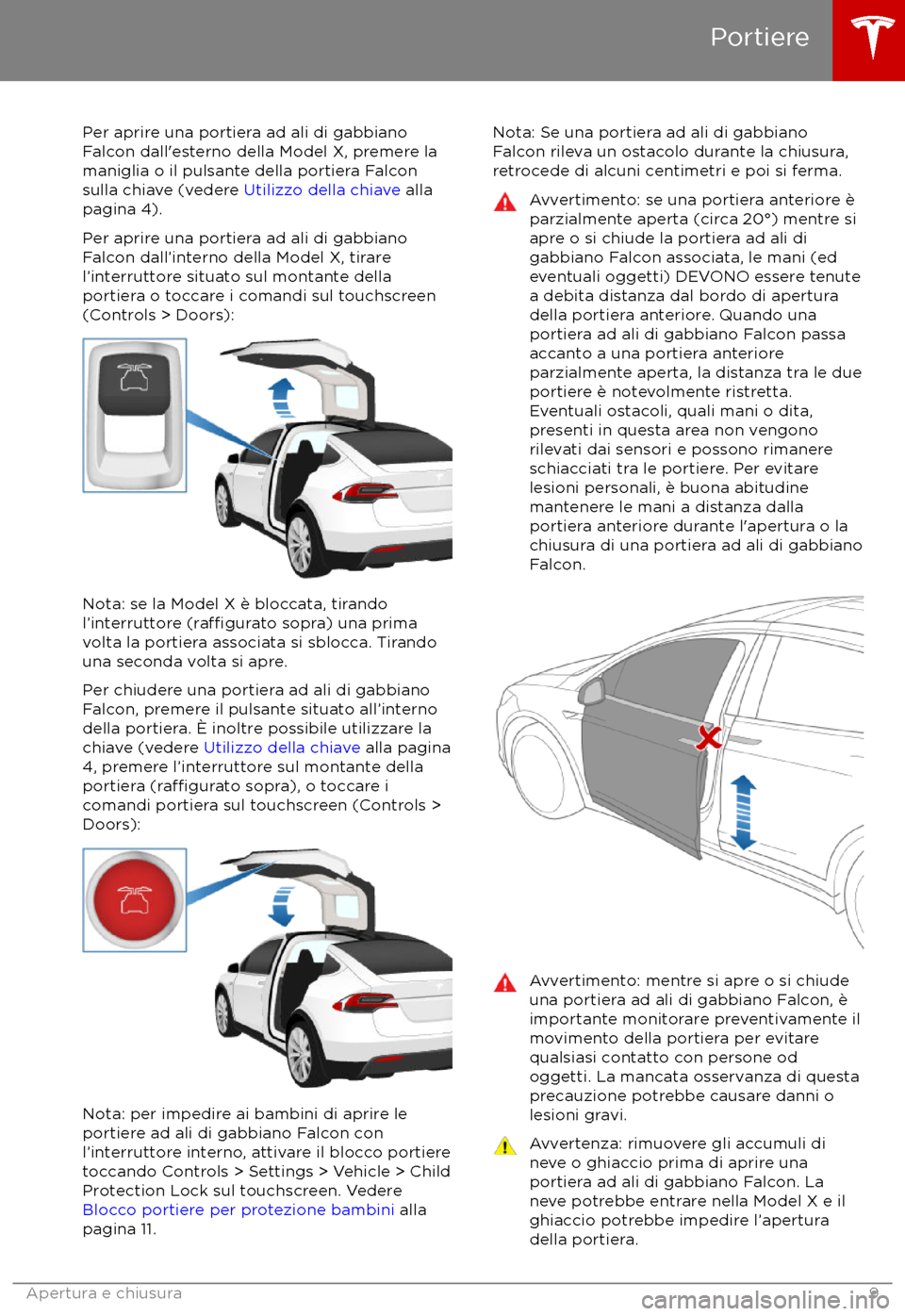 TESLA MODEL X 2017  Manuale del proprietario (in Italian) Per aprire una portiera ad ali di gabbianoFalcon dall