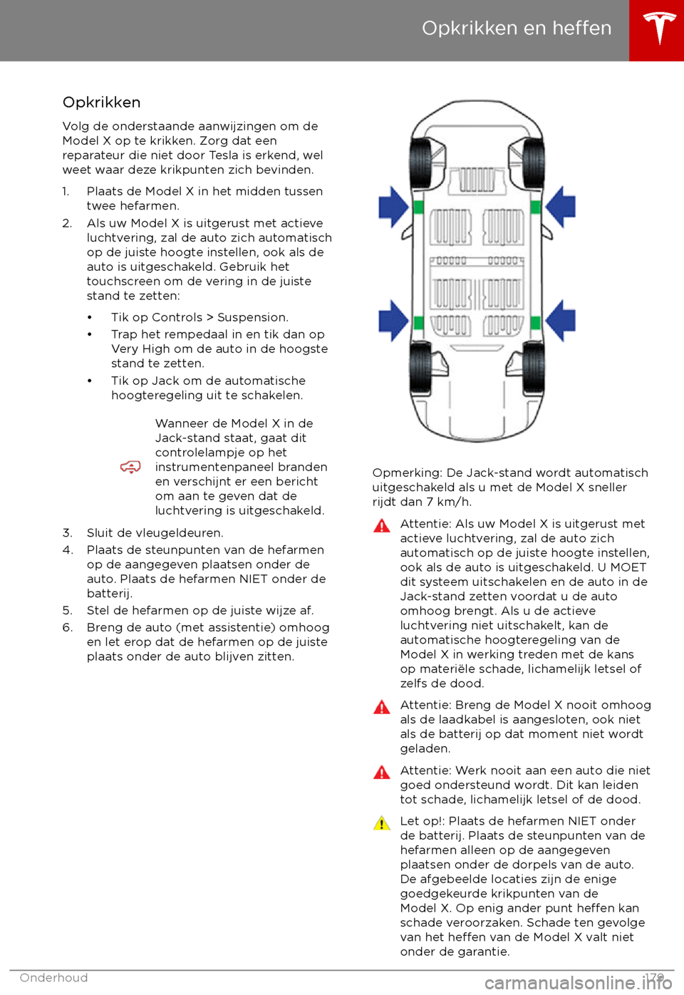 TESLA MODEL X 2017 Handleiding (in Dutch) OpkrikkenVolg de onderstaande aanwijzingen om de
Model X op te krikken. Zorg dat een
reparateur die niet door Tesla is erkend, wel weet waar deze krikpunten zich bevinden.
1. Plaats de Model X in het TESLA MODEL X 2017 Handleiding (in Dutch) OpkrikkenVolg de onderstaande aanwijzingen om de
Model X op te krikken. Zorg dat een
reparateur die niet door Tesla is erkend, wel weet waar deze krikpunten zich bevinden.
1. Plaats de Model X in het
