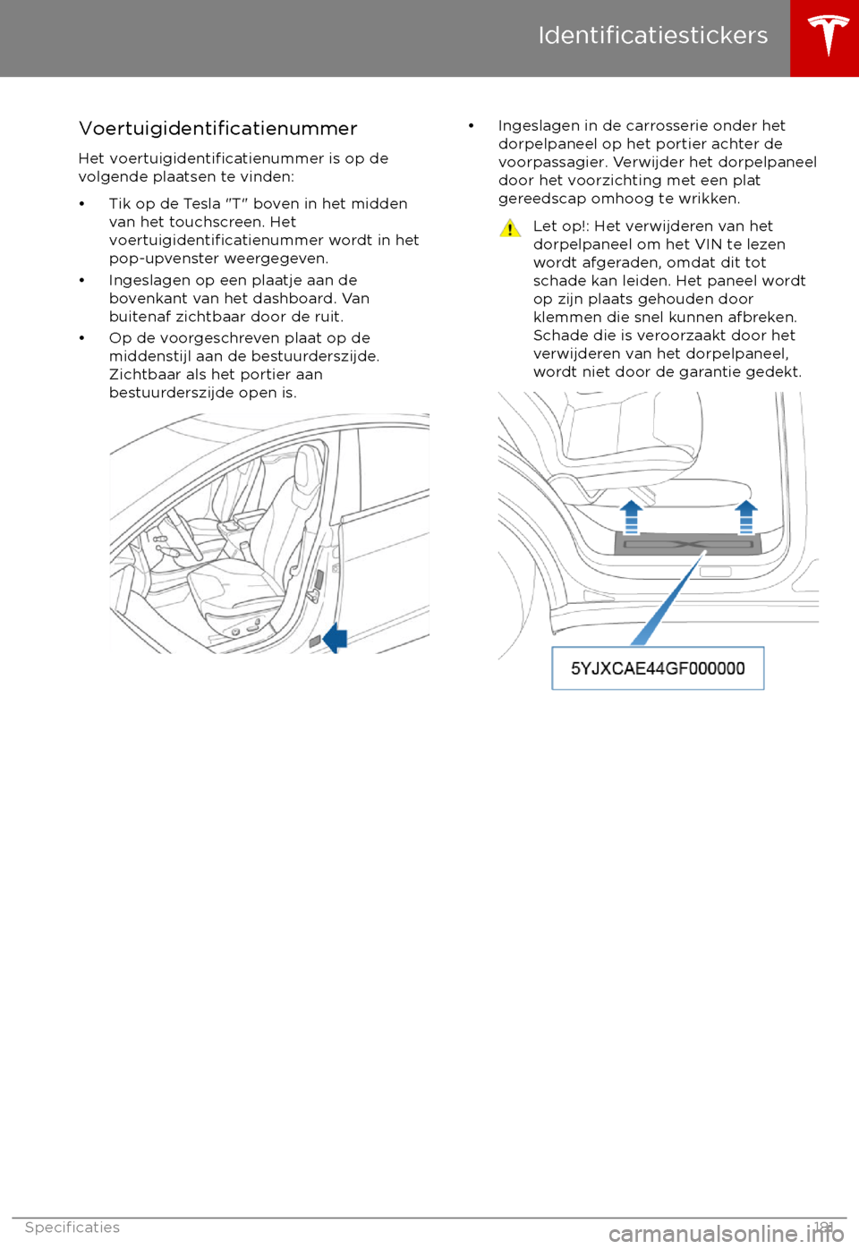 TESLA MODEL X 2017  Handleiding (in Dutch) Voertuigidentificatienummer
Het voertuigidentificatienummer is op de
volgende plaatsen te vinden:
