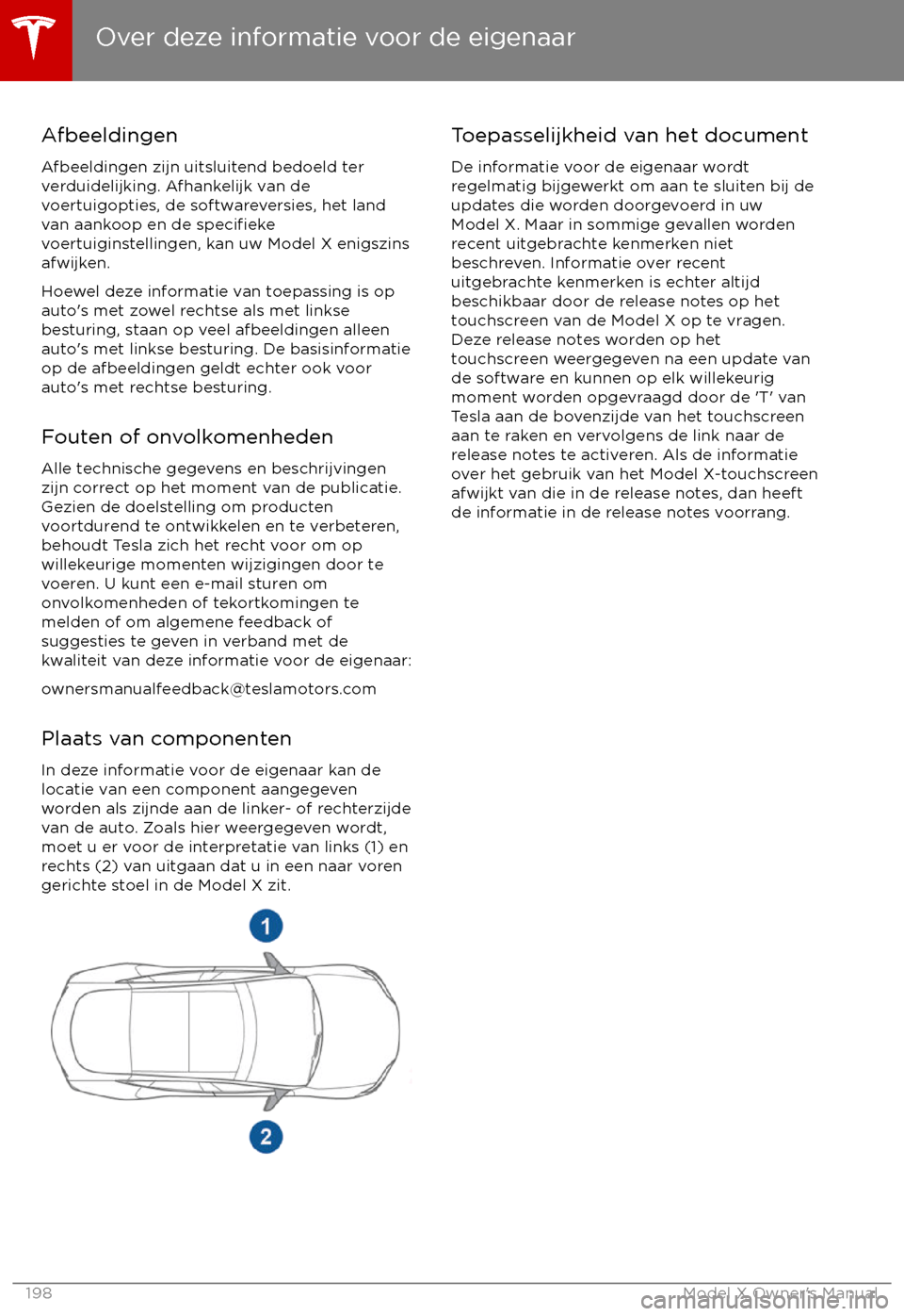 TESLA MODEL X 2017  Handleiding (in Dutch) Afbeeldingen
Afbeeldingen zijn uitsluitend bedoeld ter verduidelijking. Afhankelijk van de
voertuigopties, de softwareversies, het land
van aankoop en de 
specifiekevoertuiginstellingen, kan uw Model 