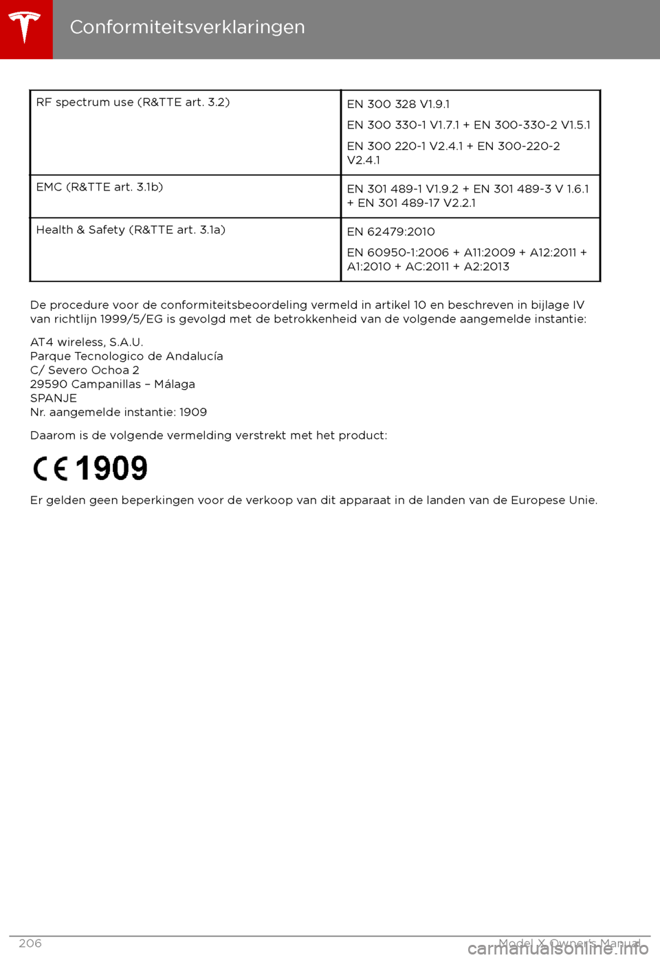 TESLA MODEL X 2017 Handleiding (in Dutch) RF spectrum use (R&TTE art. 3.2)EN 300 328 V1.9.1
EN 300 330-1 V1.7.1 + EN 300-330-2 V1.5.1
EN 300 220-1 V2.4.1 + EN 300-220-2
V2.4.1EMC (R&TTE art. 3.1b)EN 301 489-1 V1.9.2 + EN 301 489-3 V 1.6.1
+ E TESLA MODEL X 2017 Handleiding (in Dutch) RF spectrum use (R&TTE art. 3.2)EN 300 328 V1.9.1
EN 300 330-1 V1.7.1 + EN 300-330-2 V1.5.1
EN 300 220-1 V2.4.1 + EN 300-220-2
V2.4.1EMC (R&TTE art. 3.1b)EN 301 489-1 V1.9.2 + EN 301 489-3 V 1.6.1
+ E