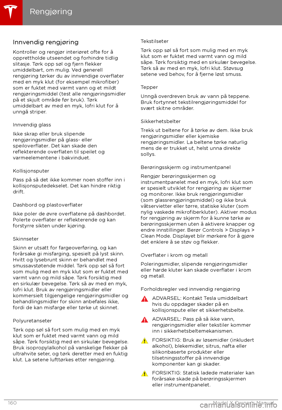 TESLA MODEL X 2017  Brukerhåndbok (in Norwegian) Innvendig rengj TESLA MODEL X 2017  Brukerhåndbok (in Norwegian) Innvendig rengj
