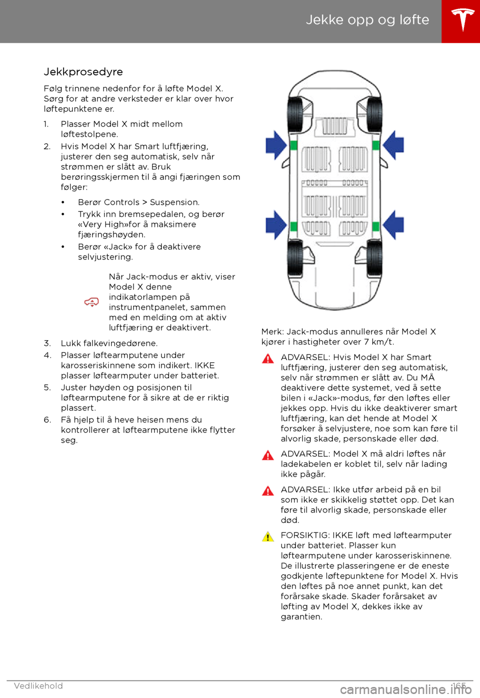 TESLA MODEL X 2017  Brukerhåndbok (in Norwegian) Jekkprosedyre
F TESLA MODEL X 2017  Brukerhåndbok (in Norwegian) Jekkprosedyre
F